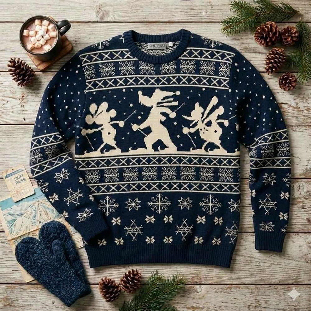 Disney Store Small Goofy Mickey Skiing Blue Wool Sweater Fair Isle Vintage 90s